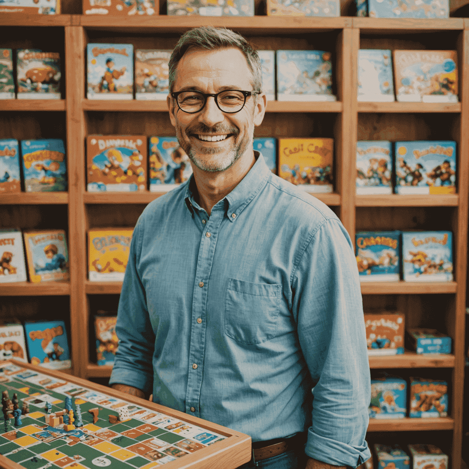 Orta yaşlı, gözlüklü, kısa saçlı bir erkek, masa oyunları ile dolu bir rafın önünde gülümseyerek duruyor.