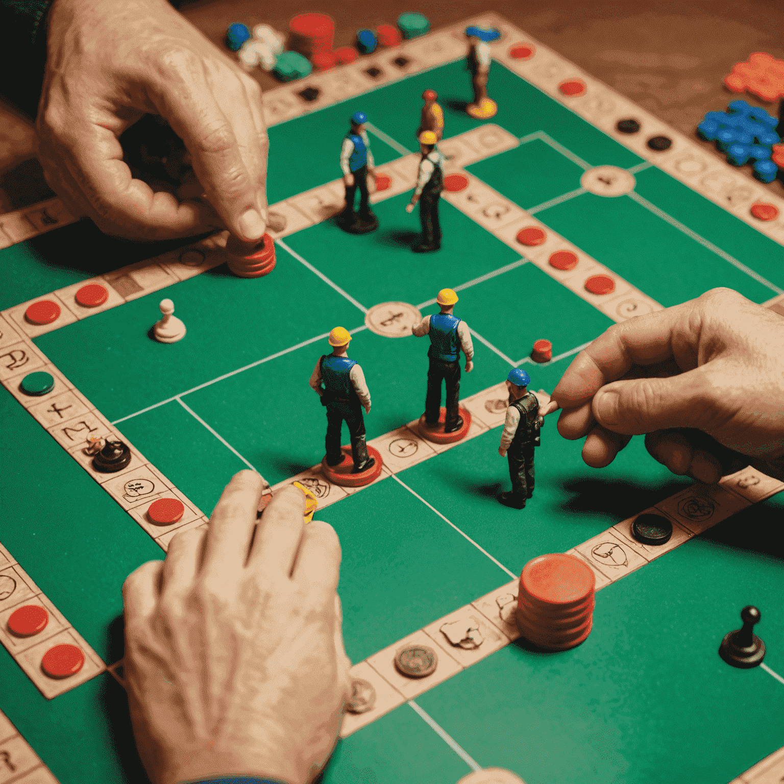 Bir masa oyunu üzerinde işçi figürleri yerleştiren eller. Oyun tahtası üzerinde farklı alanlar ve aksiyonlar görünüyor.
