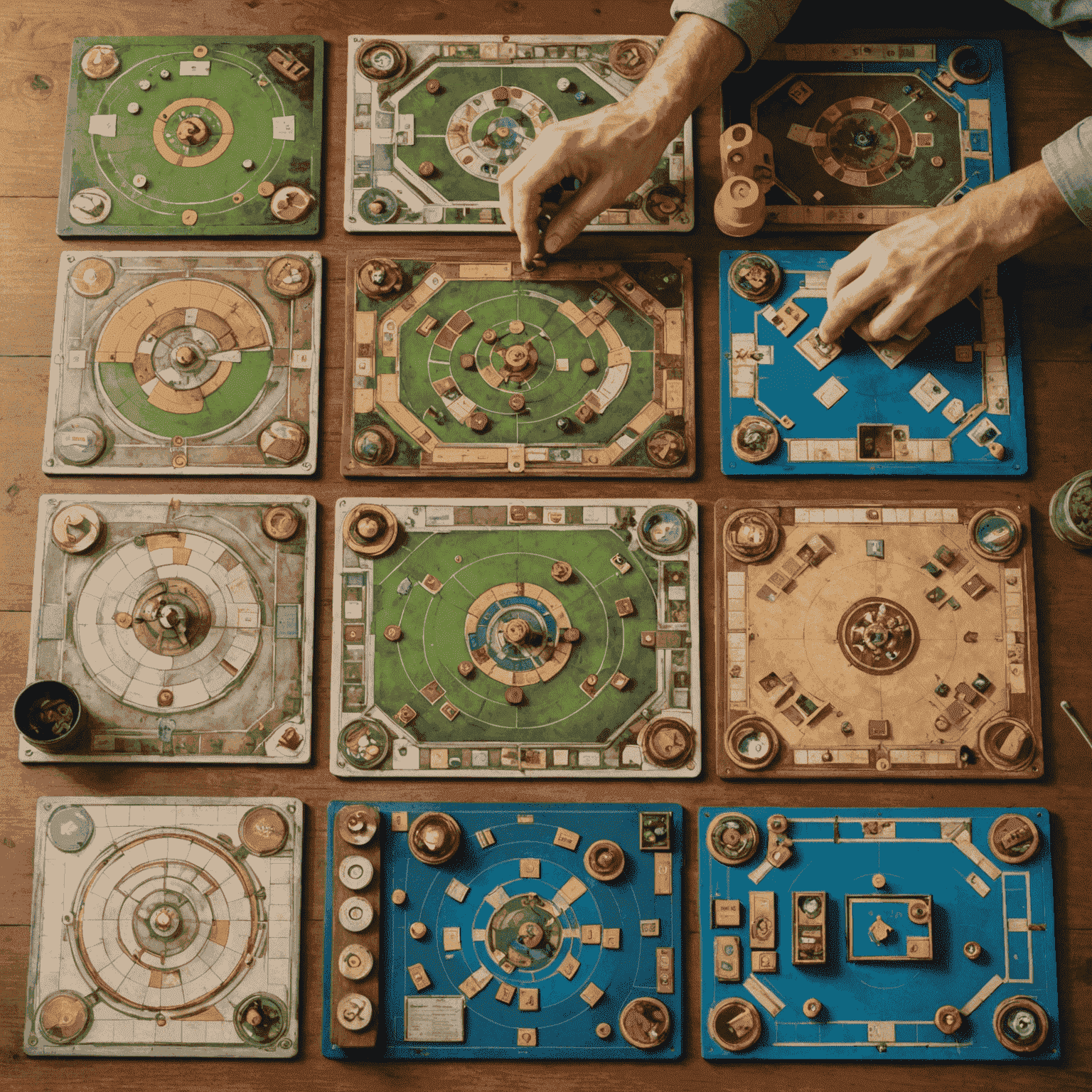 Farklı işçi yerleştirme mekanikleri gösteren masa oyunu tahtaları kolajı