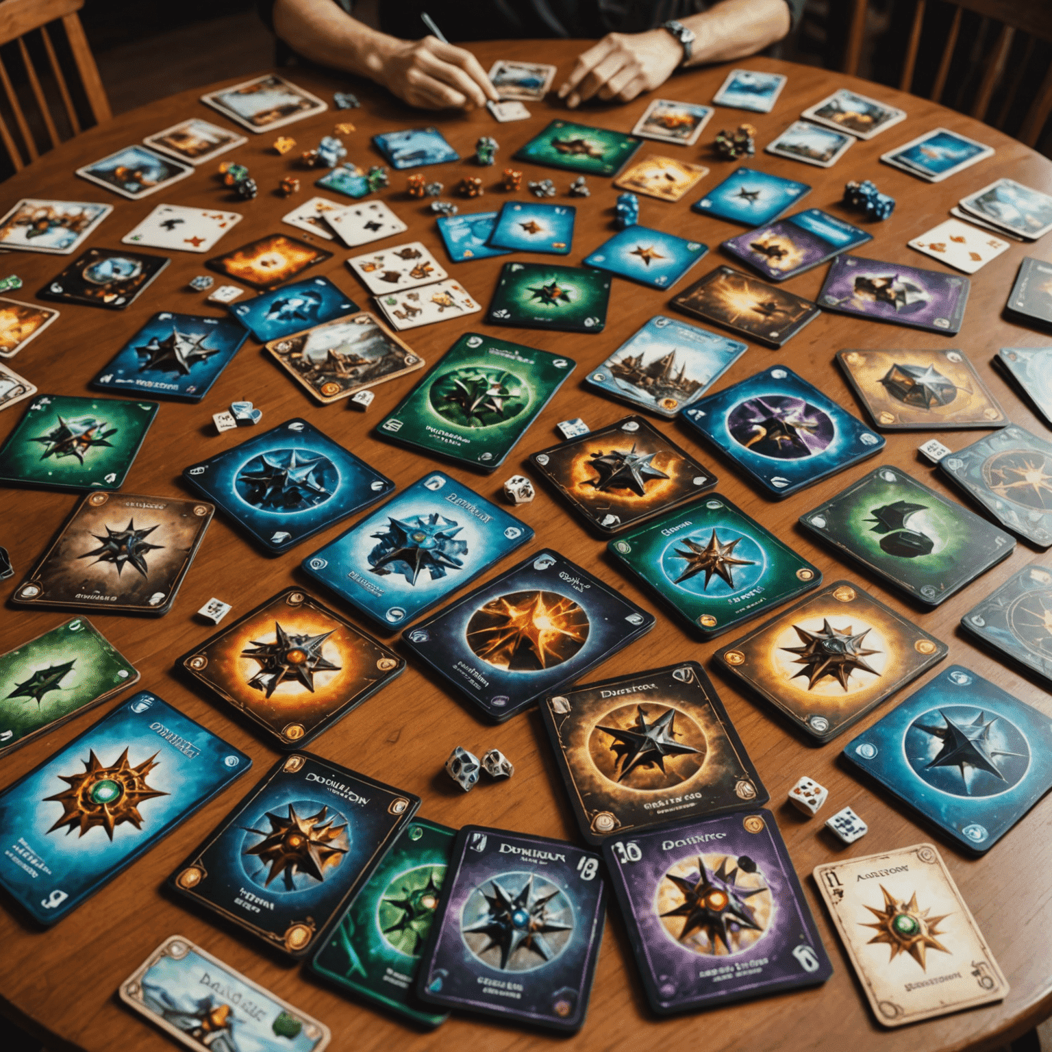 Çeşitli kart tabanlı masa oyunlarının dağınık halde sergilendiği bir masa. Oyunlar arasında Dominion, Star Realms ve Ascension gibi popüler deste oluşturma oyunları bulunuyor.