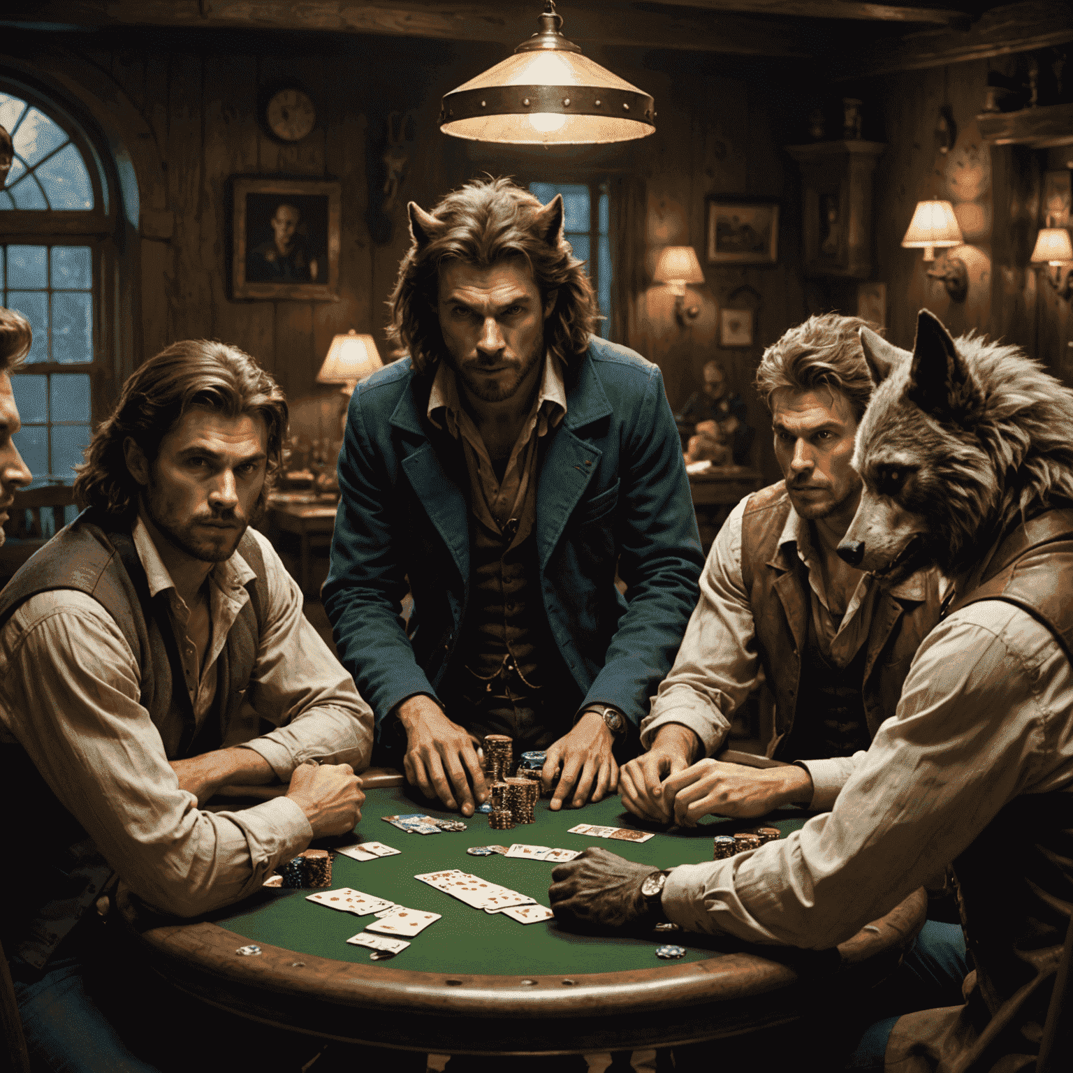 Bir grup insan Werewolf oyunu oynarken, bazıları şüpheli bakışlar atıyor, diğerleri poker yüzlerini korumaya çalışıyor