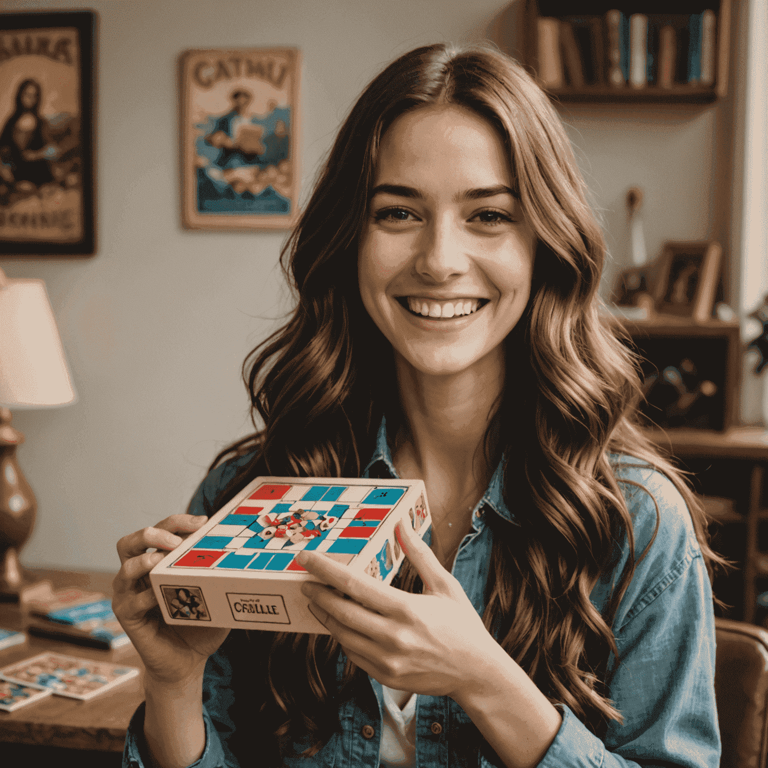Genç, uzun saçlı bir kadın, elinde bir masa oyunu kutusu tutarken heyecanla gülümsüyor.