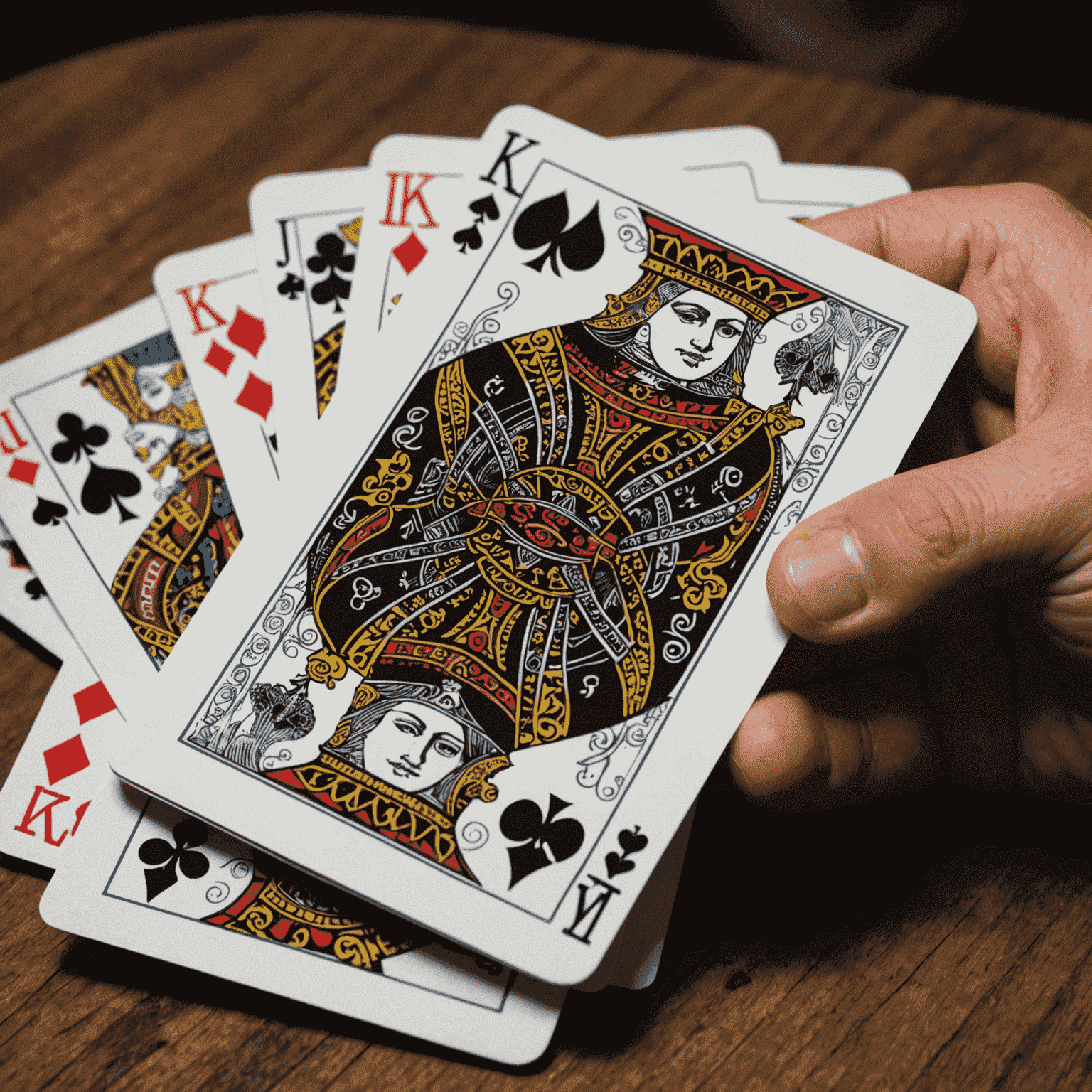 Bir oyuncunun elinde tuttuğu kart destesi. Kartlar üzerinde farklı yetenekler ve özellikler görünüyor.