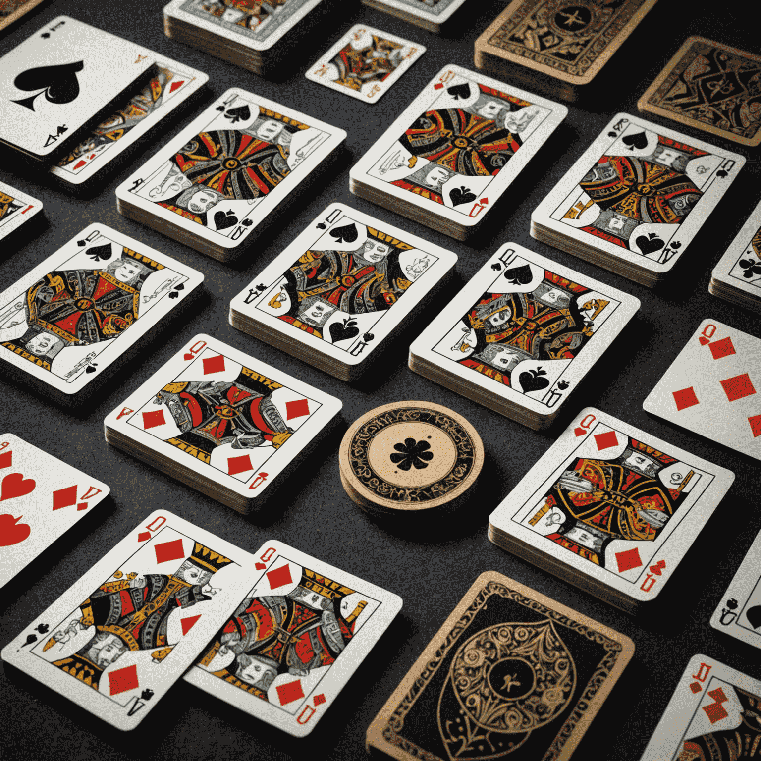 Çeşitli kart oyunu kartları ve stratejik deste düzenleme görseli