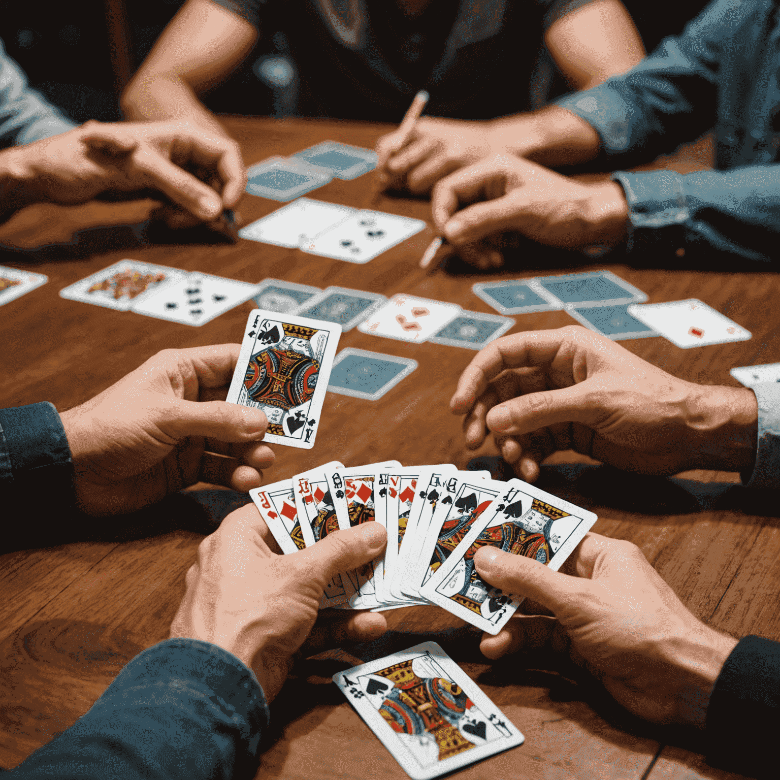 Bir oyuncunun elinde tuttuğu kartlar ve masada açık duran stratejik kart kombinasyonları. Arka planda bulanık bir şekilde diğer oyuncular görünüyor.