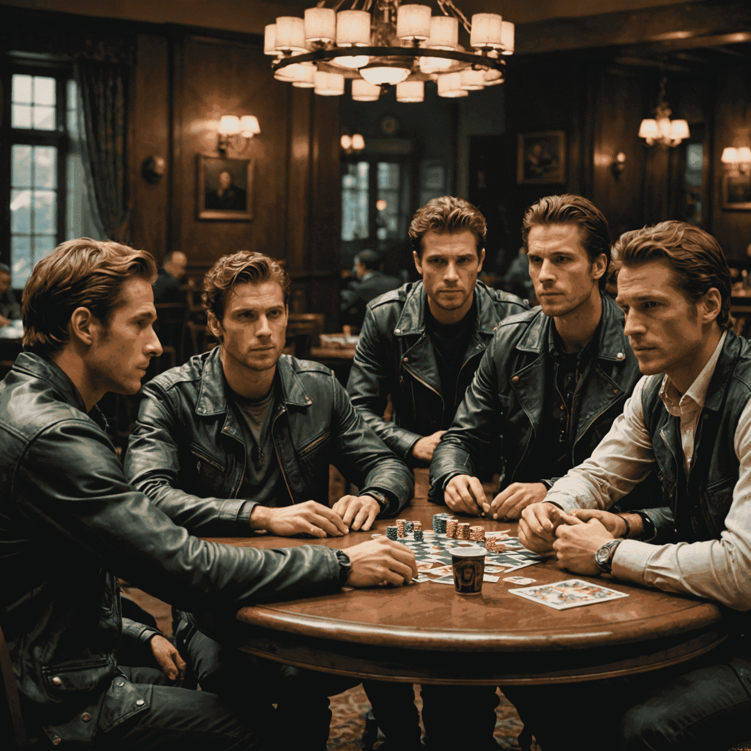 Bir grup oyuncu masa etrafında oturuyor. Yüzlerinde karmaşık ifadeler var, bazıları blöf yapıyor gibi görünüyor.