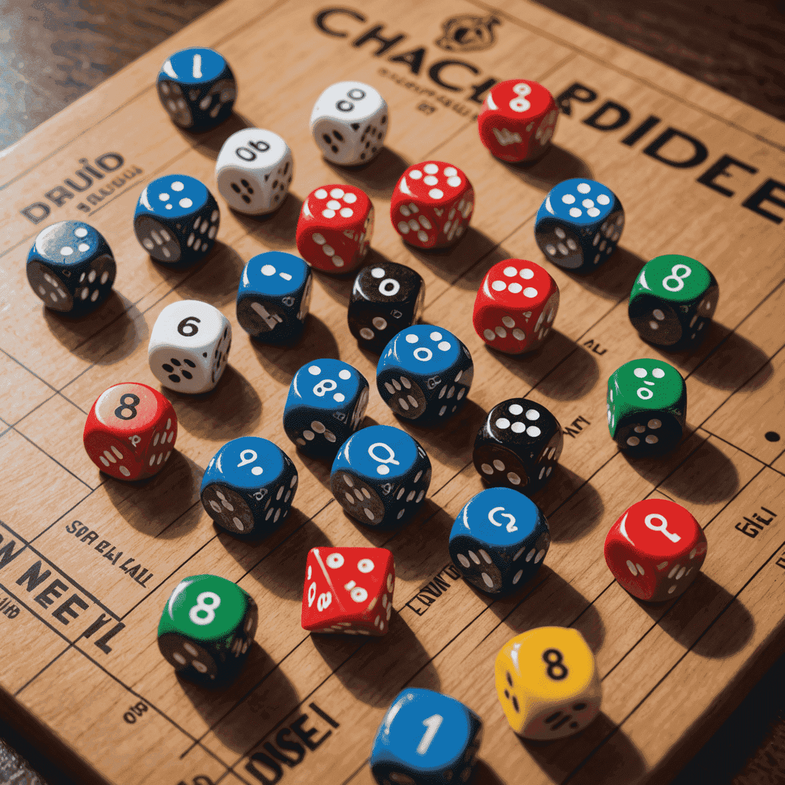Çeşitli masa oyunu zarları ve oyun tahtaları üzerinde şans ve beceri elementlerini gösteren görsel